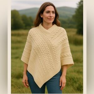 Aran Crafts 100% Merino Wool handmade Elegant Cream Cable Knit Sweater Poncho